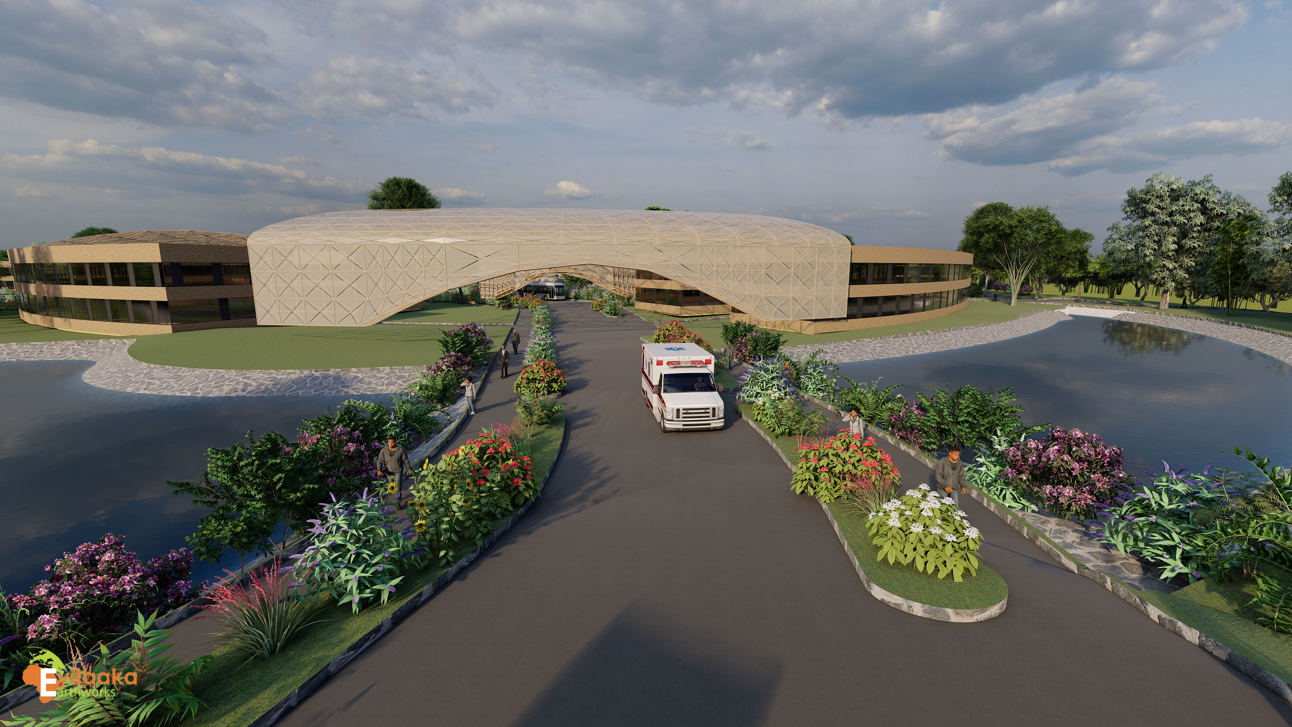 WLU Hospital concept render: waterside path concept