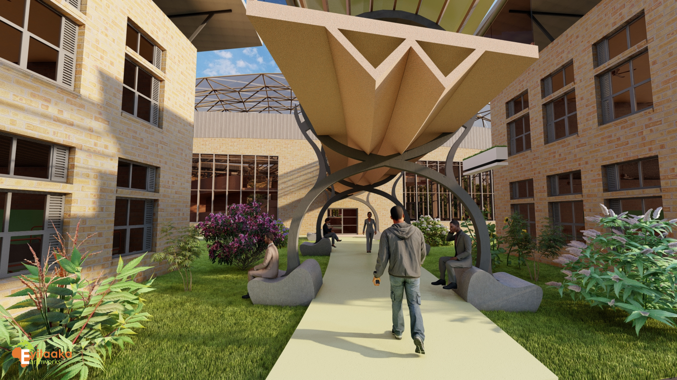 WLU Hospital concept render: courtyard walkway concept